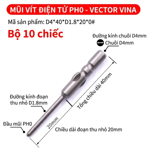 Mũi vít điện chữ thập chuôi tròn D4 VECTOR VINA – D4*40*D1.8*20*0#