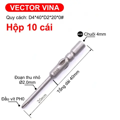 Mũi vít điện chữ thập chuôi tròn D4 VECTOR VINA – D4*40*D2*20*0#