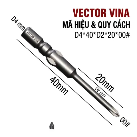 Mũi vít điện chữ thập chuôi tròn D4 VECTOR VINA – D4*40*D2*20*00#