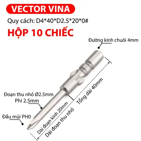 Mũi vít điện chữ thập chuôi tròn D4 VECTOR VINA – D4*40*D2.5*20*0#
