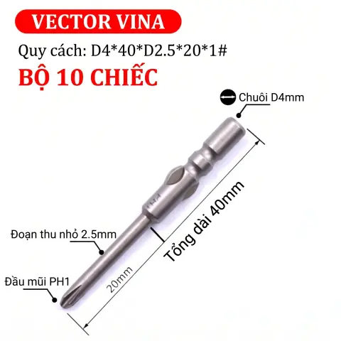 Mũi vít điện chữ thập chuôi tròn D4 VECTOR VINA – D4*40*D2.5*20*1#