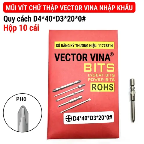 Mũi vít điện chữ thập chuôi tròn D4 VECTOR VINA – D4*40*D3*20*0#