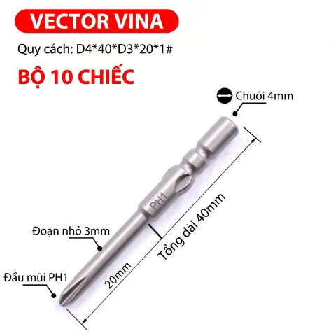 Mũi vít điện chữ thập chuôi tròn D4 VECTOR VINA – D4*40*D3*20*1#