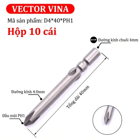 Mũi vít điện chữ thập chuôi tròn D4 VECTOR VINA – D4*40*PH1