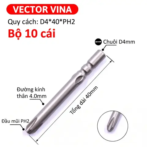 Mũi vít điện chữ thập chuôi tròn D4 VECTOR VINA – D4*40*PH2