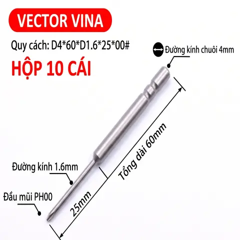Mũi vít điện chữ thập chuôi tròn D4 VECTOR VINA – D4*60*D1.6*25*00#