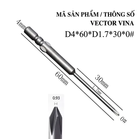 Mũi vít điện chữ thập chuôi tròn D4 VECTOR VINA – D4*60*D1.7*30*0#