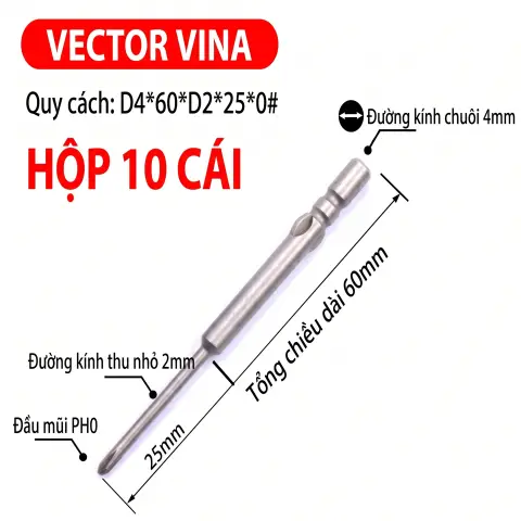 Mũi vít điện chữ thập chuôi tròn D4 VECTOR VINA – D4*60*D2*25*0#