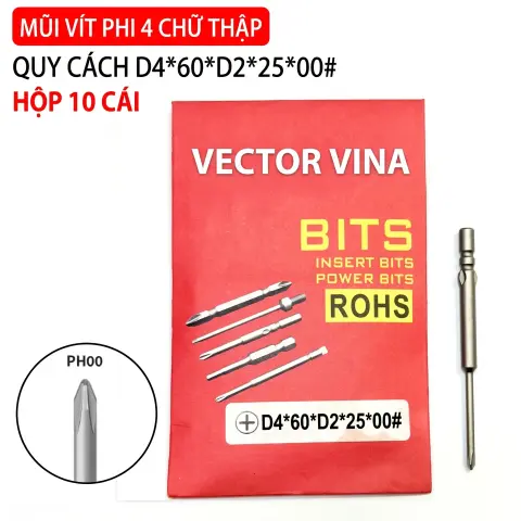 Mũi vít điện chữ thập chuôi tròn D4 VECTOR VINA – D4*60*D2*25*00#