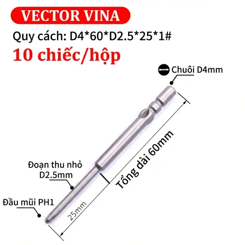Mũi vít điện chữ thập chuôi tròn D4 VECTOR VINA – D4*60*D2.5*25*1#