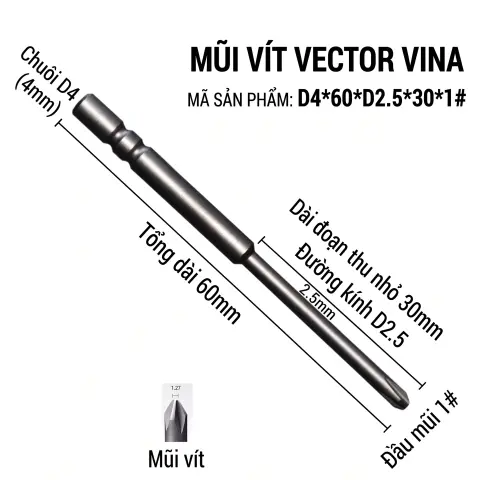 Mũi vít điện chữ thập chuôi tròn D4 VECTOR VINA – D4*60*D2.5*30*1#