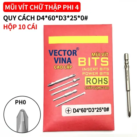 Mũi vít điện chữ thập chuôi tròn D4 VECTOR VINA – D4*60*D3*25*0#