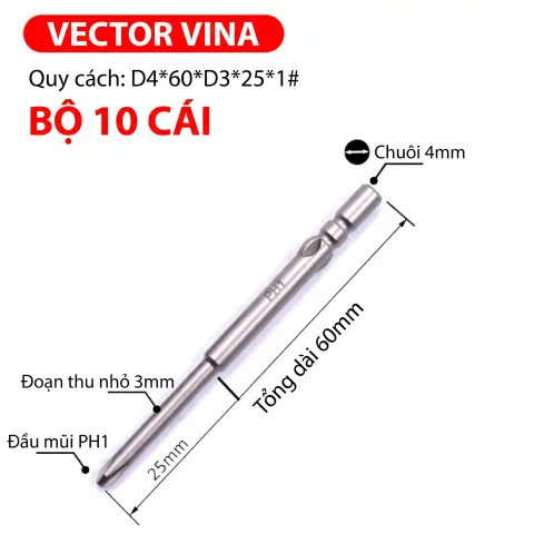 Mũi vít điện chữ thập chuôi tròn D4 VECTOR VINA – D4*60*D3*25*1#