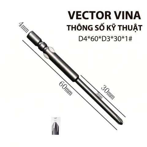 Mũi vít điện chữ thập chuôi tròn D4 VECTOR VINA – D4*60*D3*30*1#