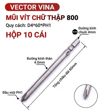 Mũi vít điện chữ thập chuôi tròn D4 VECTOR VINA – D4*60*PH1