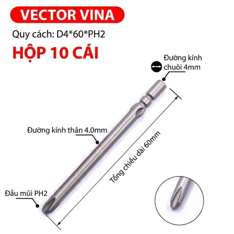Mũi vít điện chữ thập chuôi tròn D4 VECTOR VINA – D4*60*PH2