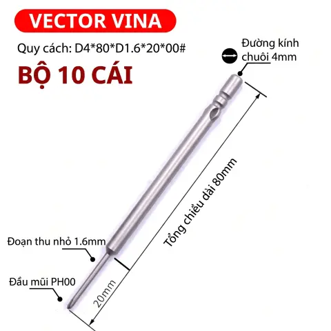 Mũi vít điện chữ thập chuôi tròn D4 VECTOR VINA – D4*80*D1.6*20*00#