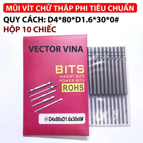 Mũi vít điện chữ thập chuôi tròn D4 VECTOR VINA – D4*80*D1.6*30*0#