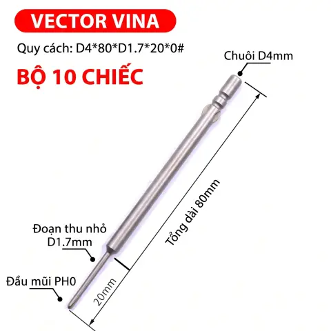 Mũi vít điện chữ thập chuôi tròn D4 VECTOR VINA – D4*80*D1.7*20*0#