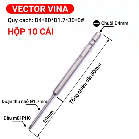 Mũi vít điện chữ thập chuôi tròn D4 VECTOR VINA – D4*80*D1.7*30*0#