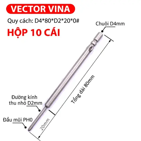 Mũi vít điện chữ thập chuôi tròn D4 VECTOR VINA – D4*80*D2*20*0#