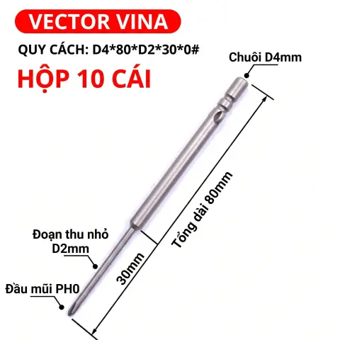 Mũi vít điện chữ thập chuôi tròn D4 VECTOR VINA – D4*80*D2*30*0#