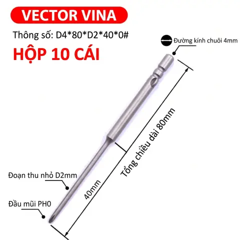 Mũi vít điện chữ thập chuôi tròn D4 VECTOR VINA – D4*80*D2*40*0#