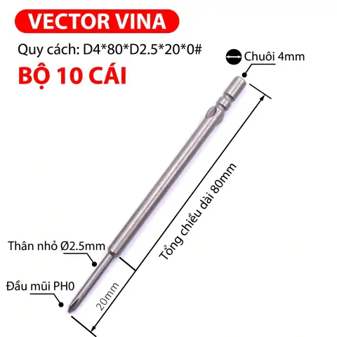 Mũi vít điện chữ thập chuôi tròn D4 VECTOR VINA – D4*80*D2.5*20*0#