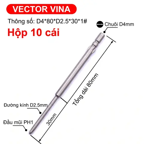 Mũi vít điện chữ thập chuôi tròn D4 VECTOR VINA – D4*80*D2.5*30*1#