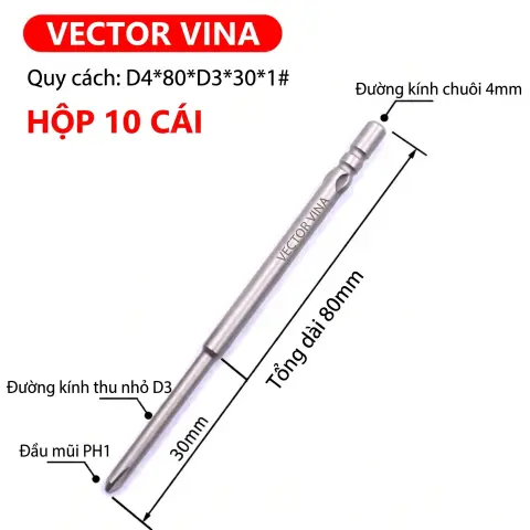 Mũi vít điện chữ thập chuôi tròn D4 VECTOR VINA – D4*80*D3*30*1#