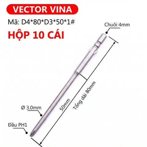 Mũi vít điện chữ thập chuôi tròn D4 VECTOR VINA – D4*80*D3*50*1#
