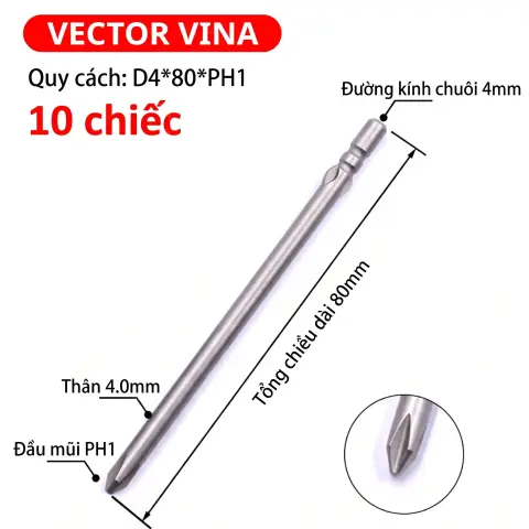 Mũi vít điện chữ thập chuôi tròn D4 VECTOR VINA – D4*80*PH1