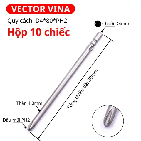 Mũi vít điện chữ thập chuôi tròn D4 VECTOR VINA – D4*80*PH2