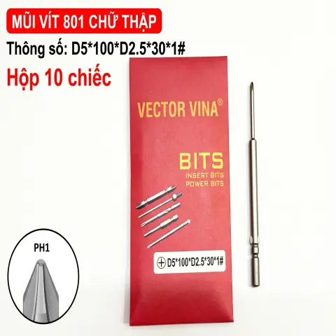Mũi vít điện chữ thập chuôi tròn D5 (5mm) thép S2 từ tính mạnh VECTOR VINA – D5*100*D2.5*30*1#
