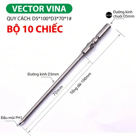 Mũi vít điện chữ thập chuôi tròn D5 (5mm) thép S2 từ tính mạnh VECTOR VINA – D5*100*D3*70*1#