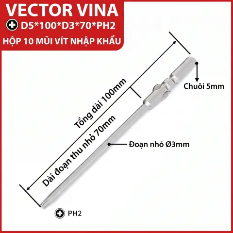 Mũi vít điện chữ thập chuôi tròn D5 (5mm) thép S2 từ tính mạnh VECTOR VINA – D5*100*D3*70*2#