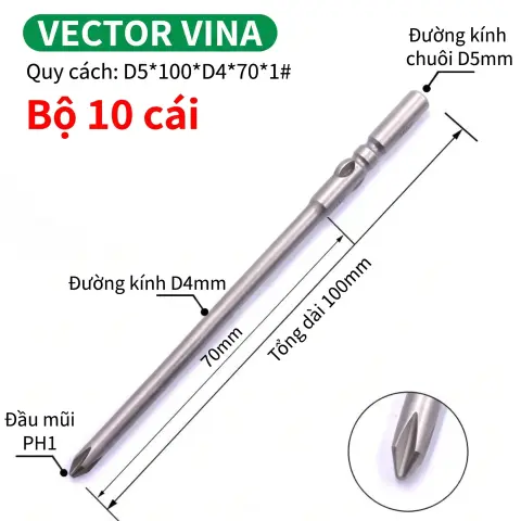 Mũi vít điện chữ thập chuôi tròn D5 (5mm) thép S2 từ tính mạnh VECTOR VINA – D5*100*D4*70*1#