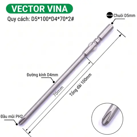 Mũi vít điện chữ thập chuôi tròn D5 (5mm) thép S2 từ tính mạnh VECTOR VINA – D5*100*D4*70*2#