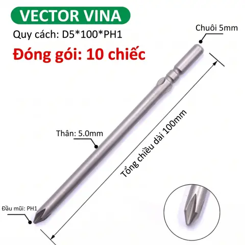 Mũi vít điện chữ thập chuôi tròn D5 (5mm) thép S2 từ tính mạnh VECTOR VINA – D5*100*D5*1#