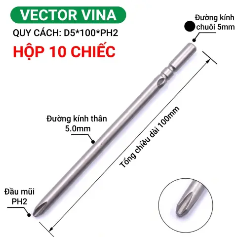 Mũi vít điện chữ thập chuôi tròn D5 (5mm) thép S2 từ tính mạnh VECTOR VINA – D5*100*D5*2#