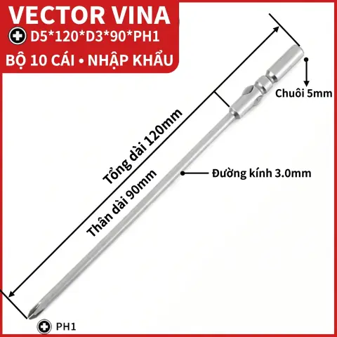 Mũi vít điện chữ thập chuôi tròn D5 (5mm) thép S2 từ tính mạnh VECTOR VINA – D5*120*D3*90*1#