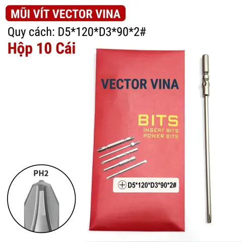 Mũi vít điện chữ thập chuôi tròn D5 (5mm) thép S2 từ tính mạnh VECTOR VINA – D5*120*D3*90*2#