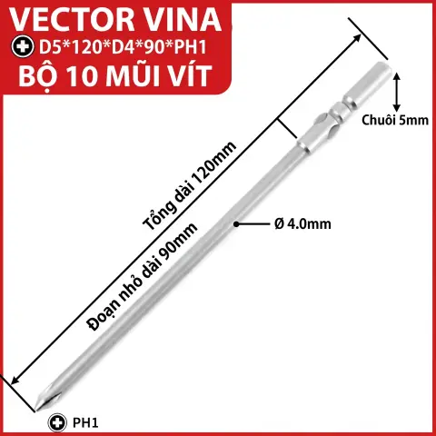 Mũi vít điện chữ thập chuôi tròn D5 (5mm) thép S2 từ tính mạnh VECTOR VINA – D5*120*D4*90*1#