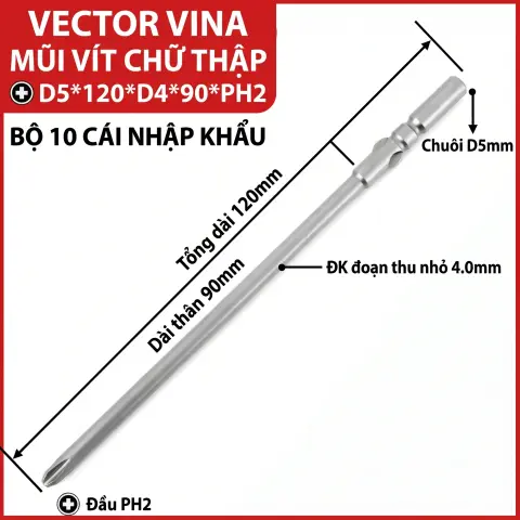 Mũi vít điện chữ thập chuôi tròn D5 (5mm) thép S2 từ tính mạnh VECTOR VINA – D5*120*D4*90*2#
