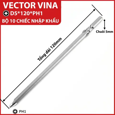 Mũi vít điện chữ thập chuôi tròn D5 (5mm) thép S2 từ tính mạnh VECTOR VINA – D5*120*D5*1#
