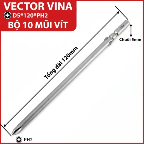 Mũi vít điện chữ thập chuôi tròn D5 (5mm) thép S2 từ tính mạnh VECTOR VINA – D5*120*D5*2#
