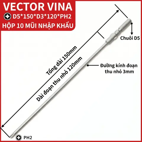 Mũi vít điện chữ thập chuôi tròn D5 (5mm) thép S2 từ tính mạnh VECTOR VINA – D5*150*D3*120*2#