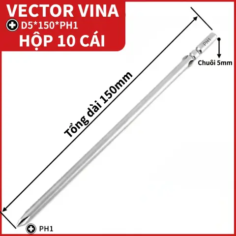 Mũi vít điện chữ thập chuôi tròn D5 (5mm) thép S2 từ tính mạnh VECTOR VINA – D5*150*D5*1#