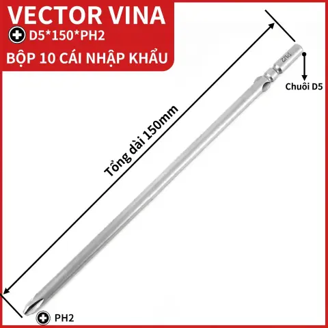 Mũi vít điện chữ thập chuôi tròn D5 (5mm) thép S2 từ tính mạnh VECTOR VINA – D5*150*D5*2#