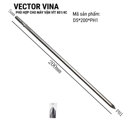 Mũi vít điện chữ thập chuôi tròn D5 (5mm) thép S2 từ tính mạnh VECTOR VINA – D5*200*D5*1#